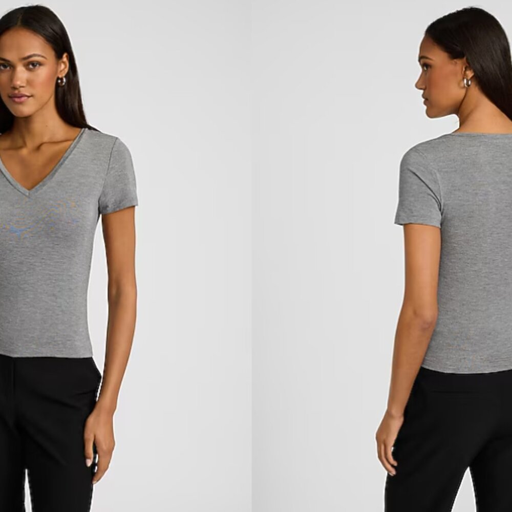 EXPRESS New Supersoft Fitted V-Neck Double Layer Tee Short Sleeve Gray Large - Picture 3 of 3